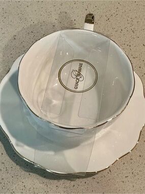 Grace White Porcelain Tea Cup and Saucer with Gold Trim